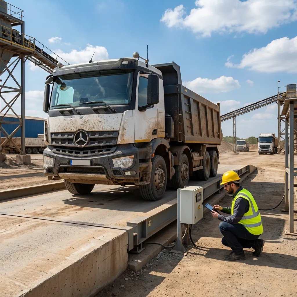 Operação de pesagem em balança rodoviária industrial - Prestécnica