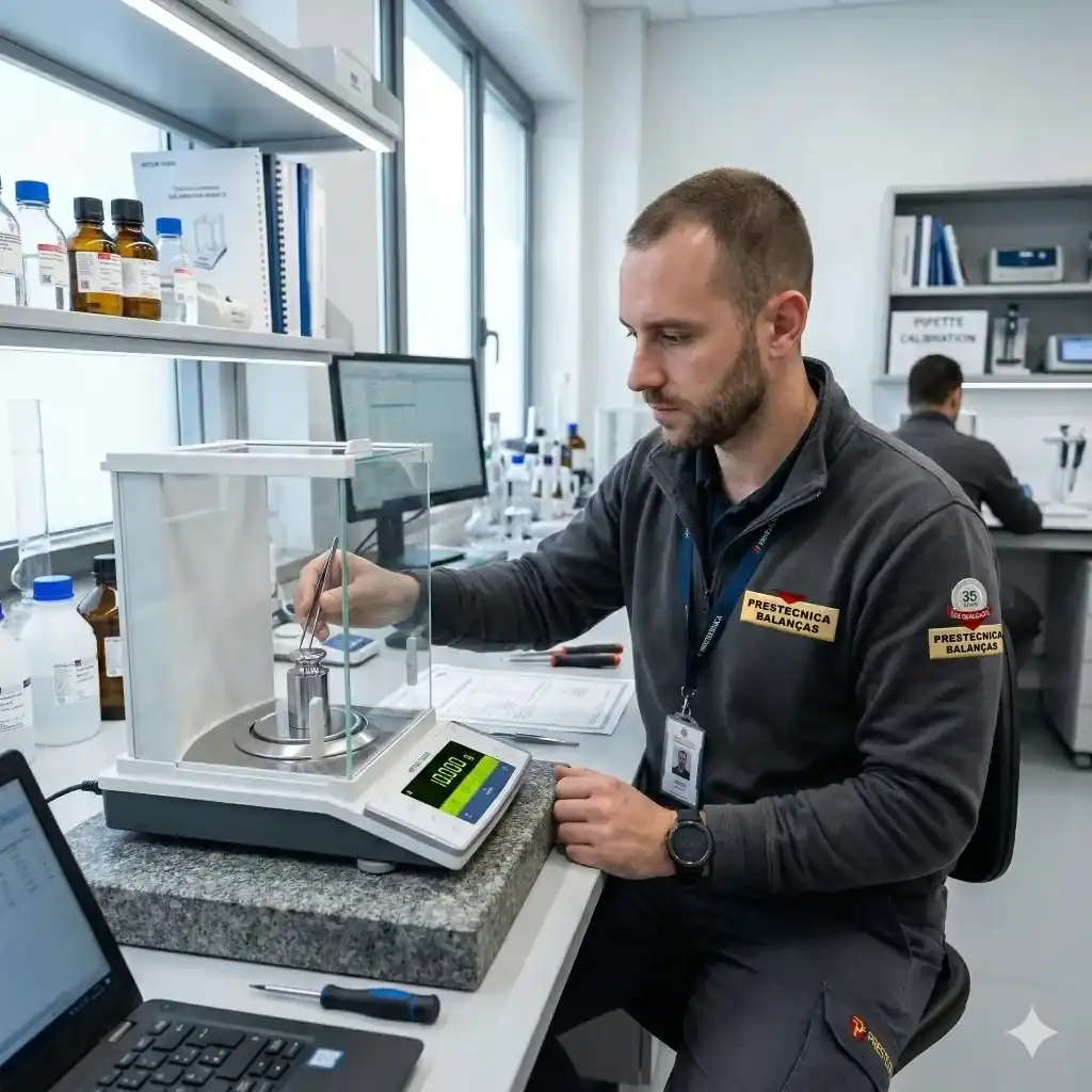 Homem realizando calibração em uma balança de precisão em laboratório - Prestécnica