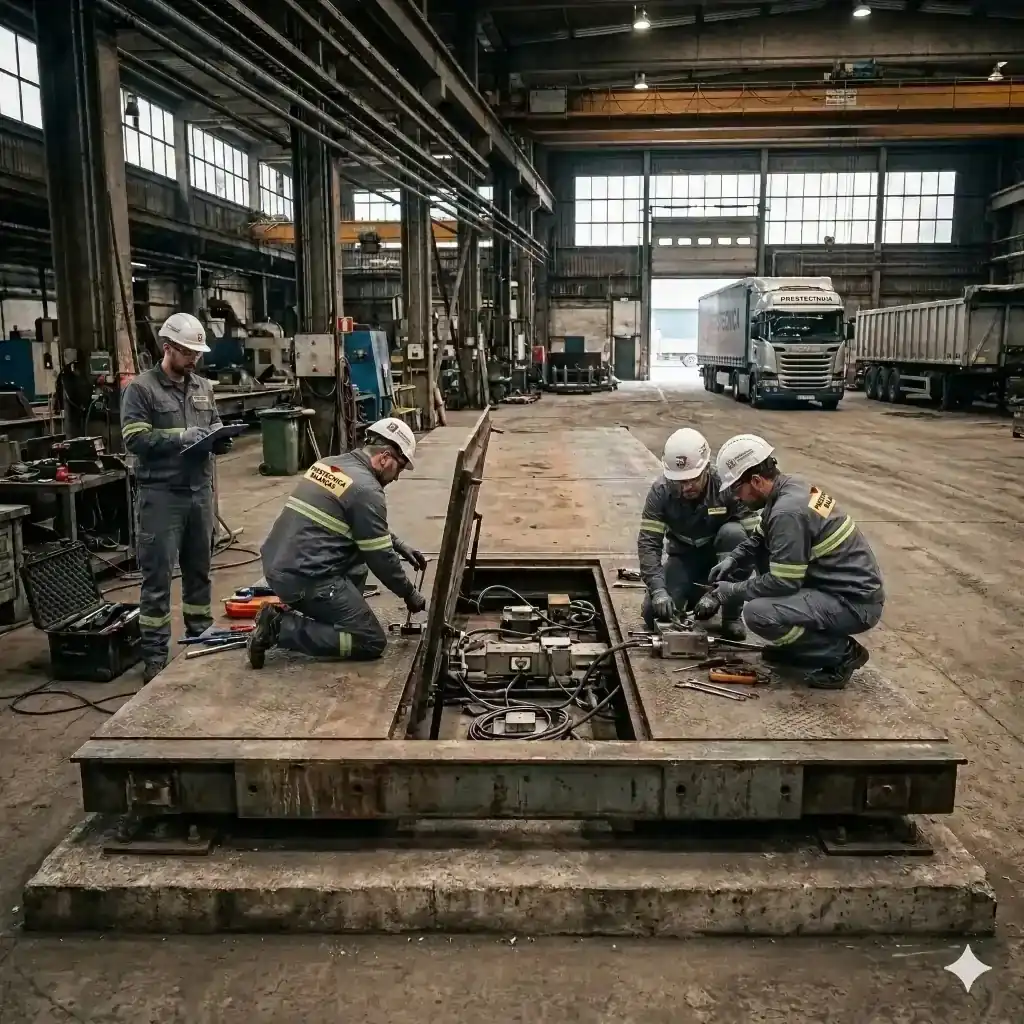 Equipe realizando manutenção em plataforma de uma balança rodoviária - Prestécnica