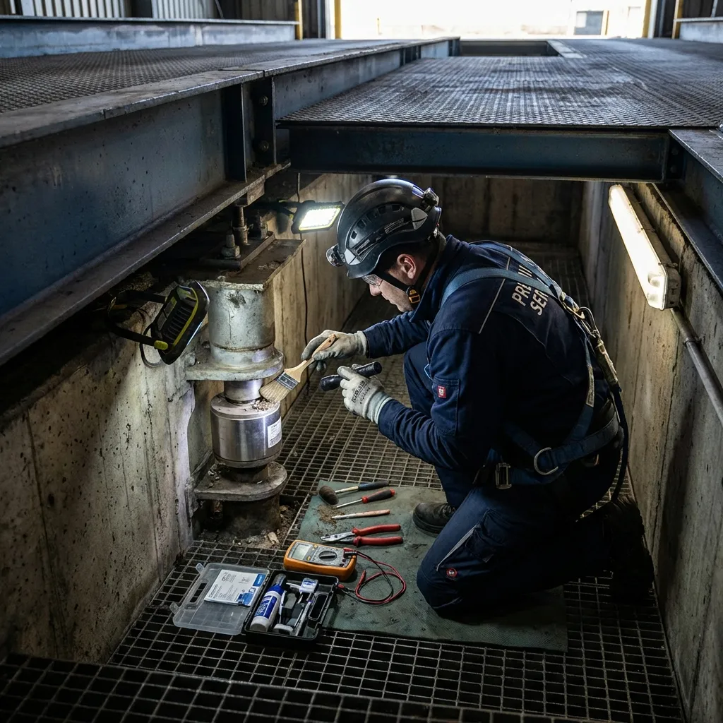 Técnicos da Prestécnica realizando manutenção corretiva em balança rodoviária